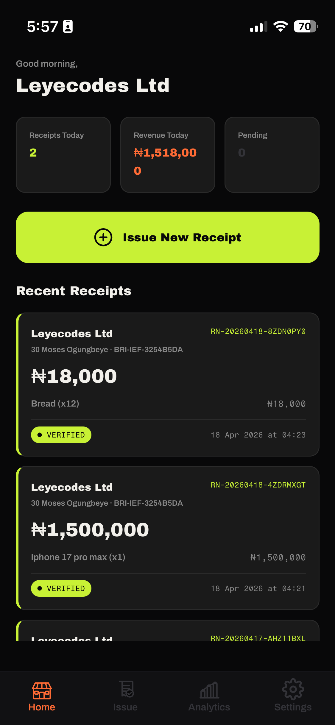 Receiptly merchant home